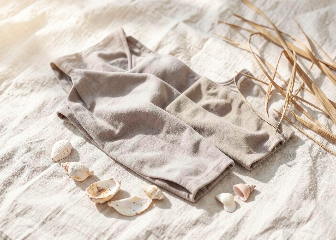 Neutral swim pieces folded on linen with shells